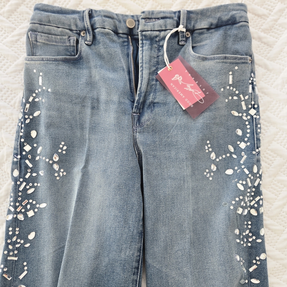 Good American Blue Embellished Flare Jeans - Picture 4 of 8